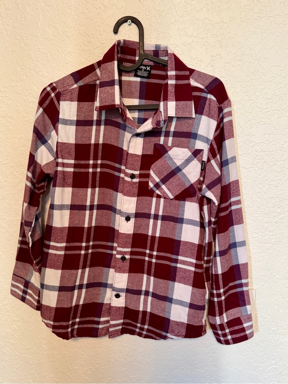 Hurley Boy’s Burgundy Plaid Flannel Button-Up Shirt